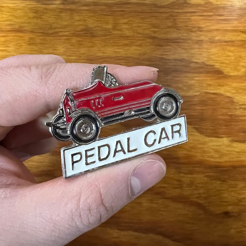 PEDAL CAR LAPEL PIN VINTAGE RED STEEL METAL BRASS NOS