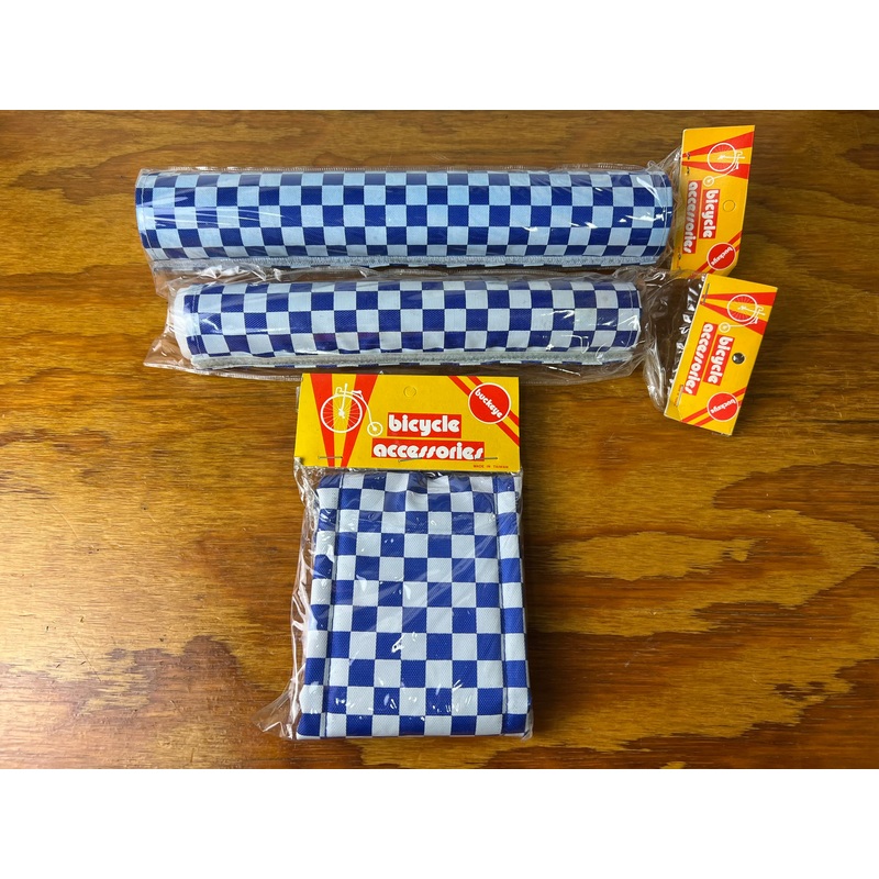 OLD SCHOOL CHECKERBOARD WHITE / BLUE BMX 3 PIECE PAD SET BUCKEYE VINTAGE NOS
