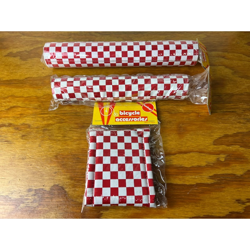 OLD SCHOOL CHECKERBOARD WHITE / RED BMX 3 PIECE PAD SET BUCKEYE VINTAGE NOS